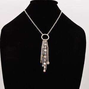 Brighton Infinity Tassel Necklace Rhinestone Crystal Chain Silver Signed BinN